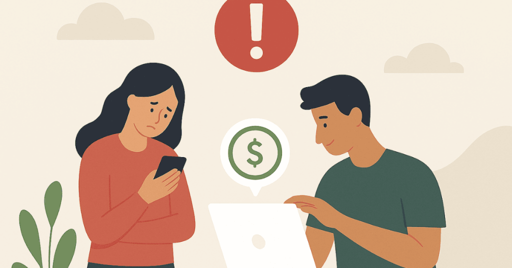 Mulher triste ao olhar o celular com mensagem relacionada a empréstimo, enquanto um homem ao lado tenta ajudá-la no notebook; acima deles aparece um ícone de alerta.