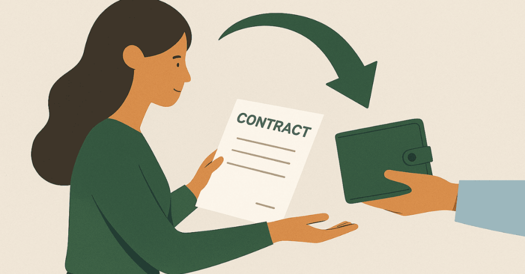 Mulher analisando um contrato de empréstimo enquanto uma mão oferece uma carteira, sugerindo acordo financeiro.