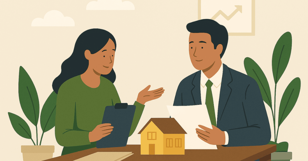 Ilustração de uma mulher tirando dúvidas com um consultor que segura um documento aprovado, durante a análise de um empréstimo.
