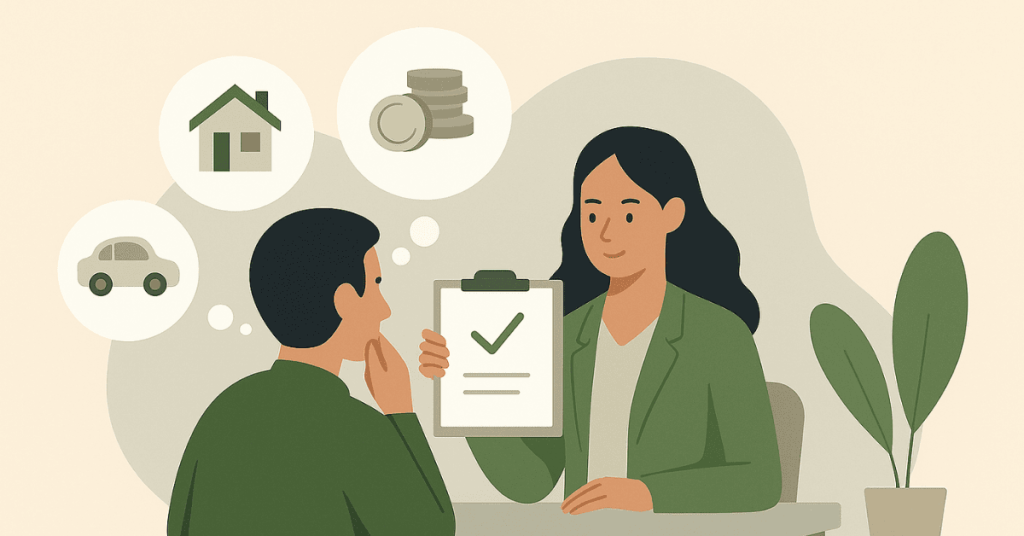Ilustração de um consultor mostrando a aprovação de um empréstimo enquanto o cliente avalia opções como casa, carro e dinheiro.