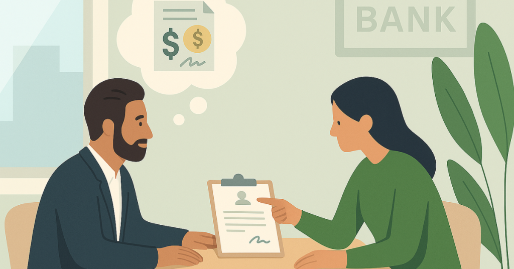 Ilustração de um consultor analisando a solicitação de empréstimo de um cliente, enquanto ambos discutem valores e condições.