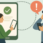 Ilustração de uma mulher recebendo a confirmação de empréstimo aprovado no celular, enquanto um homem recebe uma notificação de erro sobre seu empréstimo no próprio aparelho.