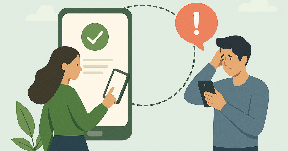 Ilustração de uma mulher recebendo a confirmação de empréstimo aprovado no celular, enquanto um homem recebe uma notificação de erro sobre seu empréstimo no próprio aparelho.