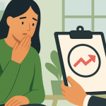 Ilustração de uma mulher preocupada ao ver um consultor mostrando o aumento das taxas relacionadas ao seu empréstimo e segurando um cartão de crédito.