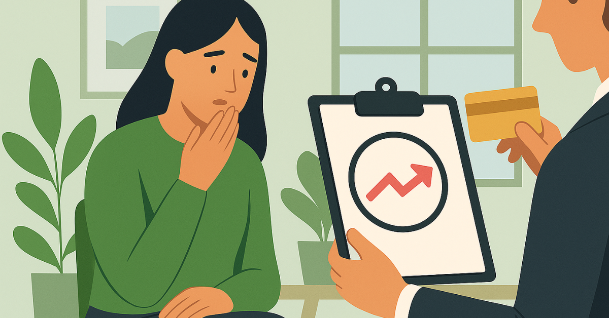 Ilustração de uma mulher preocupada ao ver um consultor mostrando o aumento das taxas relacionadas ao seu empréstimo e segurando um cartão de crédito.