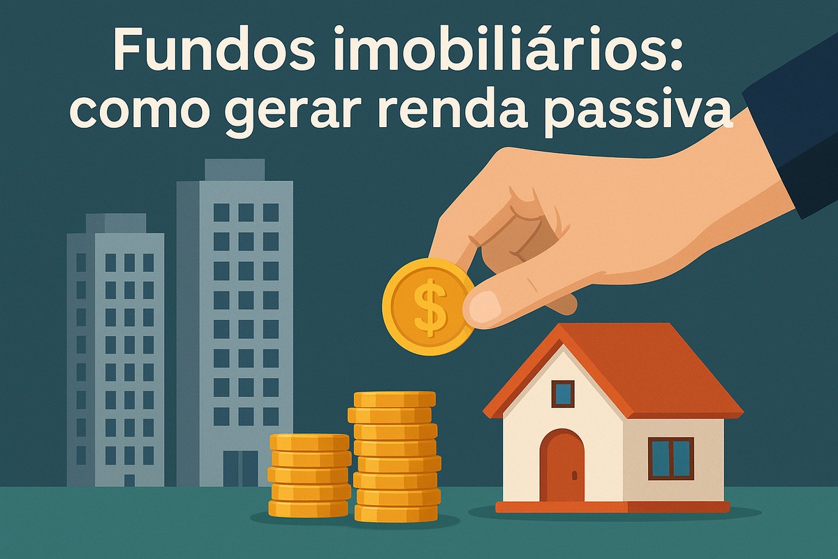 Ilustração em fundo verde-azulado com o título ‘Fundos imobiliários: como gerar renda passiva’ em letras brancas na parte superior; à esquerda, três edifícios altos em tons de cinza, sugerindo um conjunto de imóveis comerciais; na parte inferior central, duas pilhas de moedas douradas; à direita, uma mão humana vista de lado, em tom de pele claro, segurando e posicionando uma moeda dourada com símbolo de cifrão em direção a uma pequena casa com telhado laranja e paredes claras, simbolizando o investimento em fundos imobiliários para gerar renda passiva.