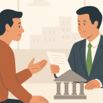 Ilustração de um consultor bancário explicando documentos de empréstimo a um cliente durante uma reunião.