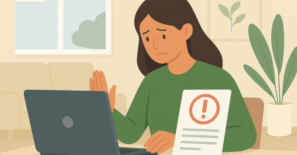 Mulher preocupada diante do computador enquanto recebe um aviso de erro relacionado a empréstimo, mostrando frustração ao tentar concluir uma solicitação online.