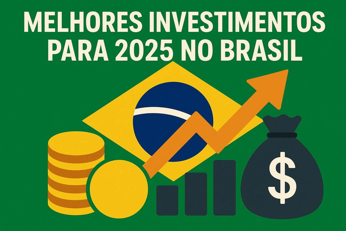 Ilustração em fundo verde escuro com o título ‘MELHORES INVESTIMENTOS PARA 2025 NO BRASIL’ em letras brancas grandes na parte superior. No centro, a bandeira do Brasil inclinada, com uma seta laranja crescente passando sobre ela. À esquerda, uma pilha de moedas douradas; à direita, um saco de dinheiro escuro com símbolo de cifrão, além de barras financeiras em tons de cinza representando crescimento no mercado.
