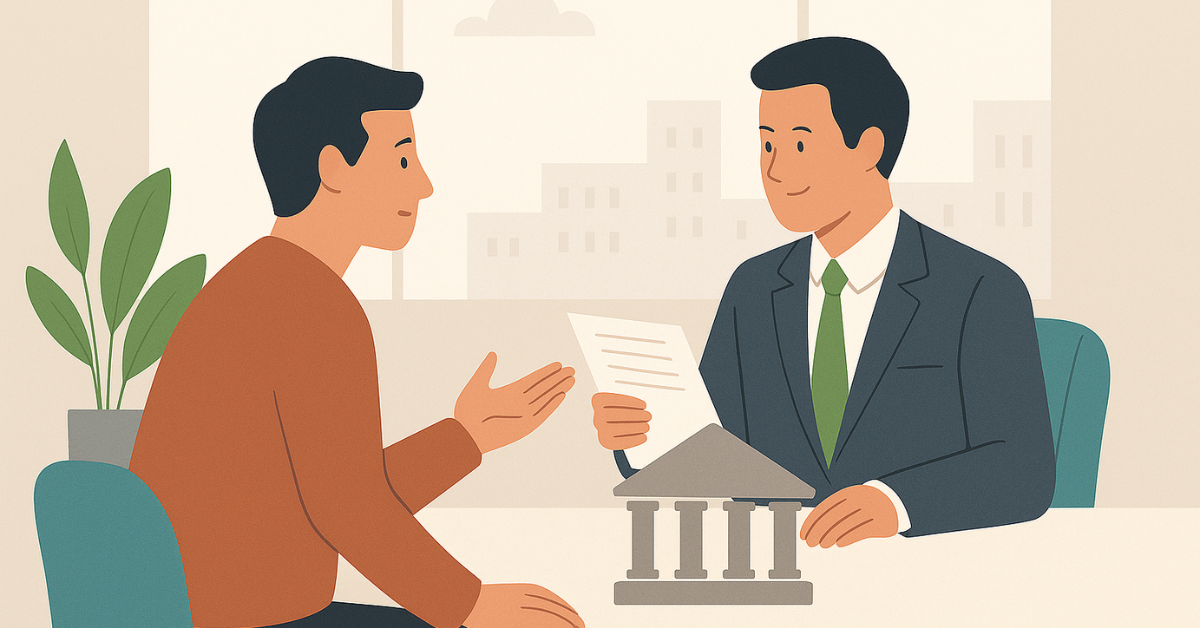 Ilustração de um consultor bancário explicando documentos de empréstimo a um cliente durante uma reunião.