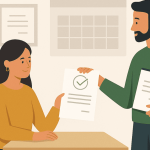 Mulher recebendo de um consultor um documento aprovado, representando a liberação de um empréstimo.