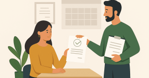 Mulher recebendo de um consultor um documento aprovado, representando a liberação de um empréstimo.