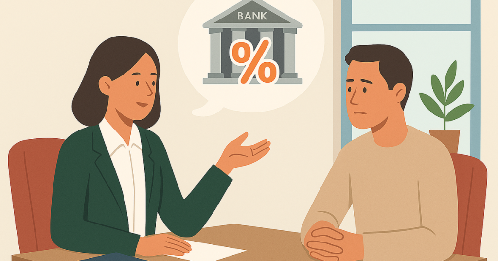 Ilustração de uma consultora explicando taxas de um empréstimo bancário para um cliente preocupado.