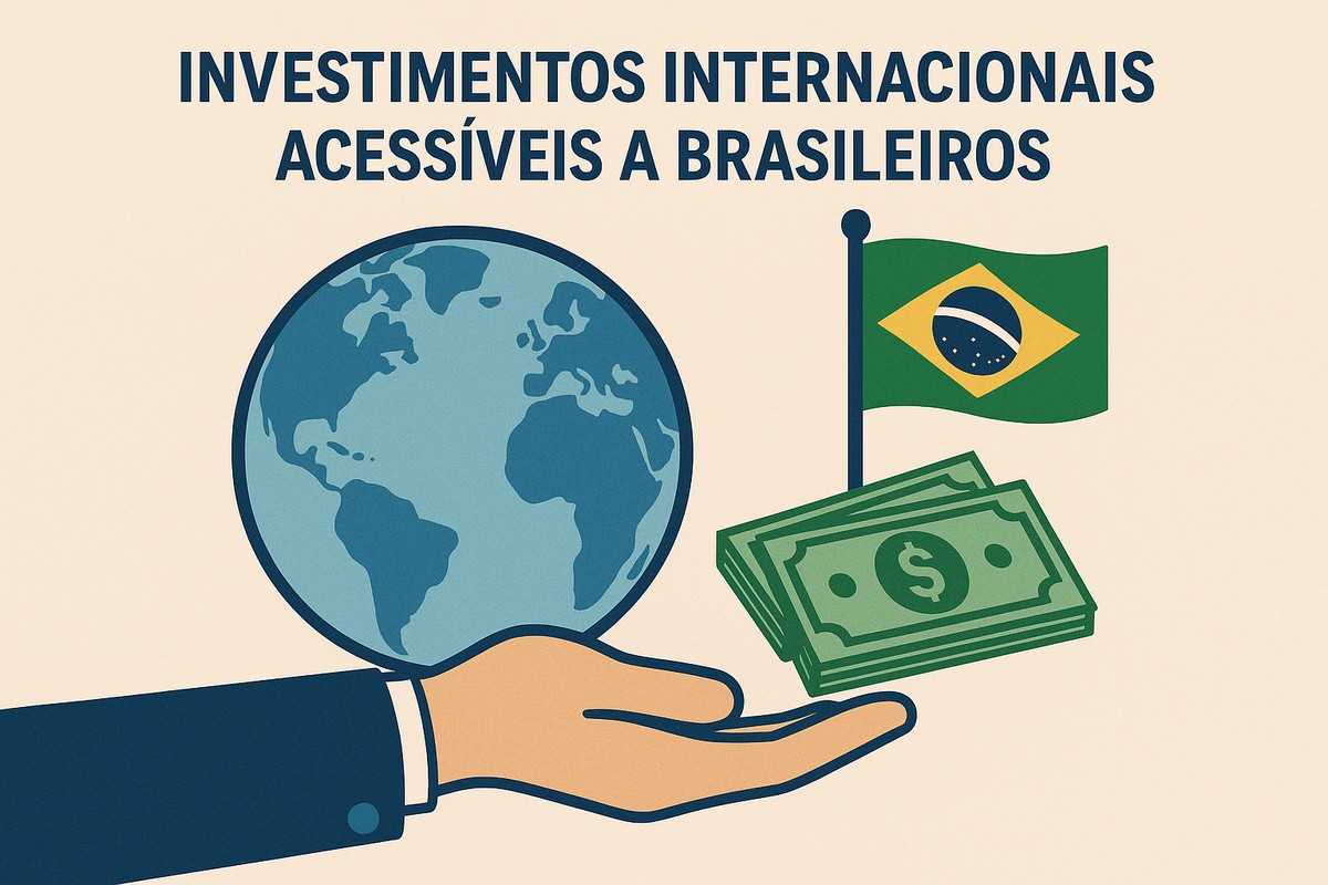 Ilustração em fundo bege com o título ‘Investimentos internacionais acessíveis a brasileiros’ centralizado na parte superior. Abaixo, uma mão estendida segura um globo terrestre azul, simbolizando acesso a mercados internacionais. Ao lado, há uma pilha de notas de dinheiro em verde e, atrás delas, uma bandeira do Brasil em um pequeno mastro, reforçando a ideia de investimentos globais feitos por brasileiros.