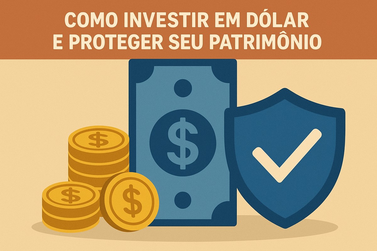 Ilustração em fundo bege com uma faixa marrom no topo contendo o texto ‘Como investir em dólar e proteger seu patrimônio’. No centro, há uma pilha de moedas douradas, uma nota grande de dólar estilizada em azul e, ao lado, um escudo azul-escuro com um símbolo de check branco, representando segurança financeira. O conjunto transmite a ideia de proteção patrimonial ao investir em dólar.