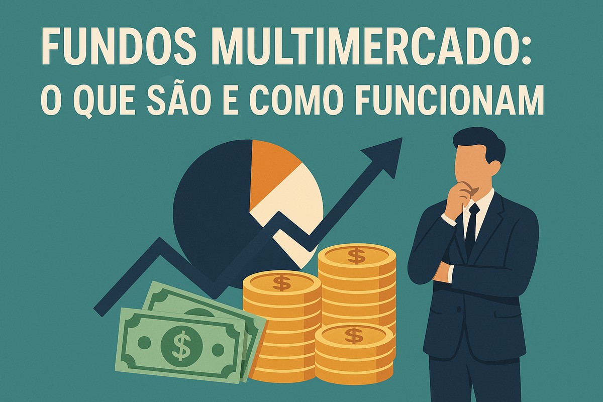 Ilustração com fundo verde-azulado e o título ‘Fundos multimercado: o que são e como funcionam’ no topo em letras brancas. Ao centro, há um grande gráfico de pizza com três segmentos em azul escuro, bege e laranja, acompanhado por uma linha ascendente indicando valorização. Em frente ao gráfico, há duas pilhas de moedas douradas e notas de dinheiro. À direita, um homem em traje social, com expressão pensativa e mão no queixo, simboliza análise e tomada de decisão no mundo dos investimentos.