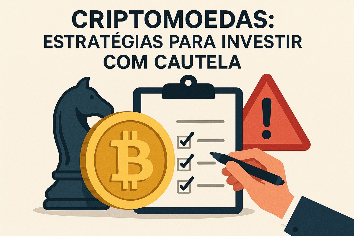 Ilustração em fundo bege claro com o título em letras maiúsculas escuras ‘CRIPTOMOEDAS: ESTRATÉGIAS PARA INVESTIR COM CAUTELA’ no topo. Na parte inferior, há um grande cavalo de xadrez em tom azul-escuro simbolizando estratégia, ao lado de uma moeda dourada com o símbolo do Bitcoin em destaque. Ao centro, um prancheta com folha branca exibe uma lista de itens com caixas de seleção marcadas em preto, indicando um checklist de cuidados. À direita, uma mão segurando uma caneta preta finaliza a marcação da lista, enquanto ao fundo, um triângulo vermelho com um ponto de exclamação preto alerta para os riscos do mercado de criptomoedas.
