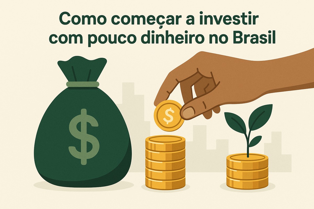 Ilustração em estilo plano, com um grande saco de dinheiro verde à esquerda, uma pilha de moedas douradas no centro e, à direita, uma moeda sendo colocada por uma mão marrom sobre outra pilha de moedas de onde nasce uma pequena planta com duas folhas verdes; ao fundo, silhuetas de prédios em tom claro e, na parte superior, o título em verde-escuro ‘Como começar a investir com pouco dinheiro no Brasil’ sobre fundo bege.