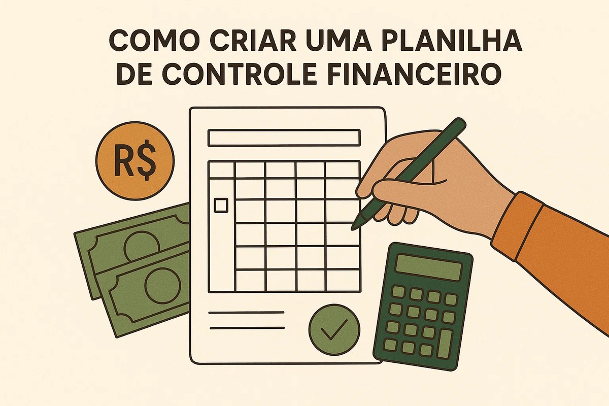 Ilustração mostrando uma mão preenchendo uma planilha de controle financeiro com um lápis verde. À esquerda, há cédulas e uma moeda com símbolo de real, reforçando a relação com dinheiro. A planilha possui um quadro organizado com colunas e linhas, simbolizando registro de despesas e receitas. Abaixo, um círculo com um check indica validação ou conclusão. A cena representa o processo de criação de uma planilha para organizar e acompanhar as finanças pessoais.