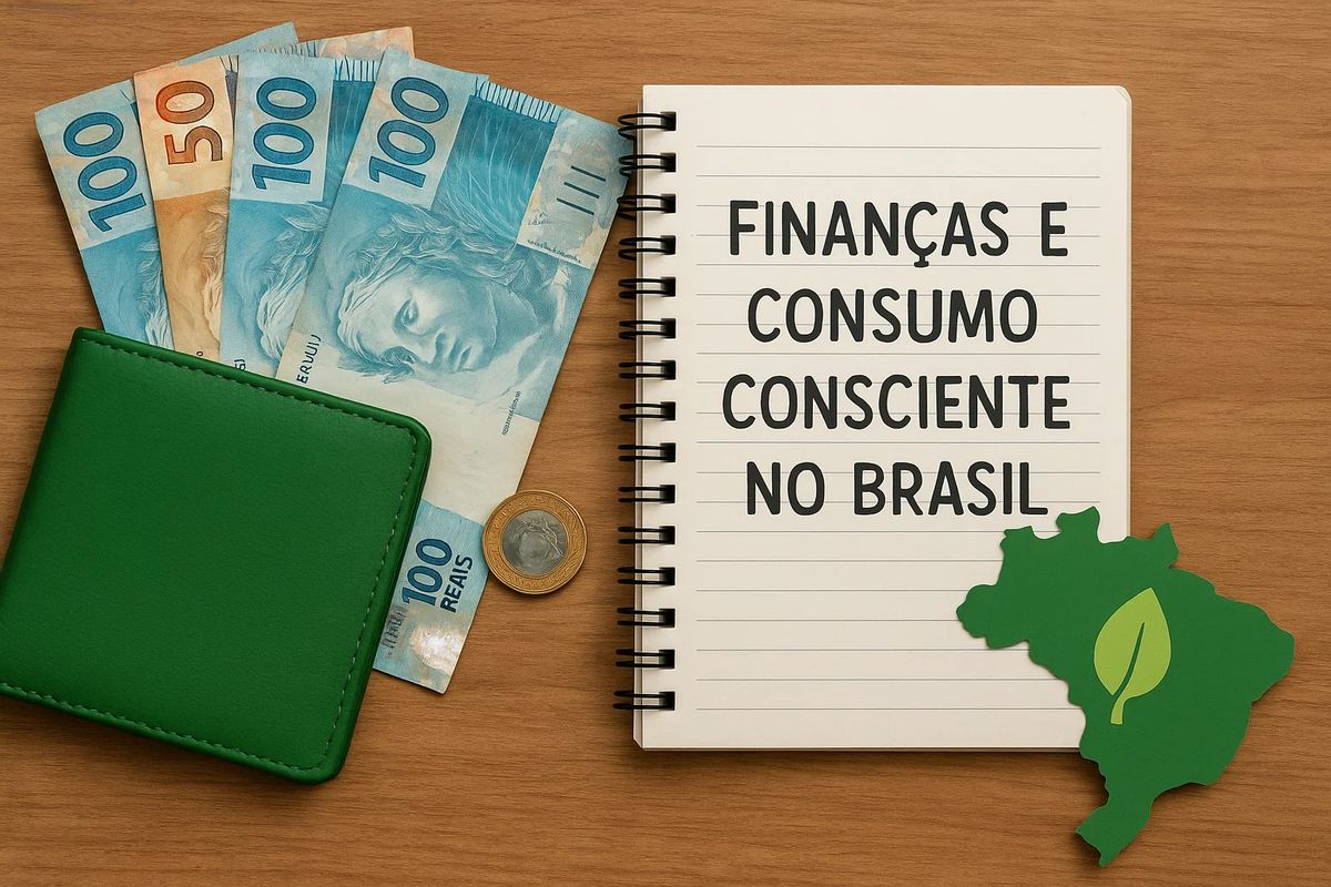 Imagem sobre uma mesa de madeira contendo um bloco de notas aberto com a frase ‘Finanças e consumo consciente no Brasil’ escrita em letras grandes e pretas. À esquerda, há uma carteira verde parcialmente aberta com notas de 100 e 50 reais expostas em leque, além de uma moeda de 1 real sobre a superfície. No canto inferior direito há um recorte em forma do mapa do Brasil, com um símbolo de folha ao centro, representando sustentabilidade. A cena transmite a ideia de educação financeira aliada ao consumo responsável no contexto brasileiro.