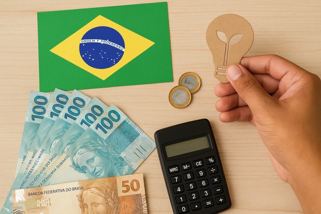 Imagem mostrando notas de 100 e 50 reais dispostas em leque sobre uma mesa clara, ao lado de uma calculadora preta simples e algumas moedas de 1 real. No canto superior esquerdo, aparece uma bandeira do Brasil em papel. À direita, uma mão segura um recorte de papel em formato de lâmpada com um broto desenhado no centro, simbolizando ideias sustentáveis e consumo responsável. A composição destaca o tema de finanças, economia consciente e tomada de decisões inteligentes no Brasil.