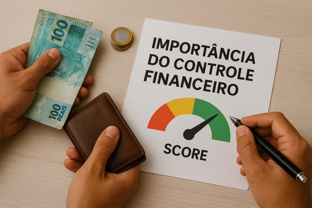 Imagem mostrando duas mãos segurando notas de 100 reais e uma carteira marrom, enquanto outra mão à direita aponta com uma caneta para um gráfico de ‘score’ em formato de medidor colorido (verde, amarelo e vermelho). Acima do gráfico está o título ‘Importância do controle financeiro’, escrito em letras pretas. Na mesa também há algumas moedas empilhadas. A cena reforça o conceito de gestão financeira e como ela influencia diretamente o score de crédito.