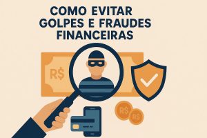 Ilustração mostrando uma mão segurando uma lupa que destaca a figura de um golpista usando máscara, cercado por elementos financeiros como cédula de dinheiro, moedas, cartão de crédito e um escudo com símbolo de verificação. No topo, o texto ‘Como evitar golpes e fraudes financeiras’. A imagem representa a importância de identificar sinais de fraude e reforçar a segurança em transações financeiras.