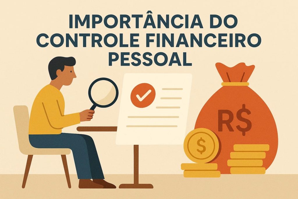 Ilustração de um homem sentado à mesa analisando uma ficha com um ícone de marcação de aprovação, usando uma lupa para examinar detalhes do documento. Ao lado direito, uma grande bolsa de dinheiro com símbolo de real e várias moedas empilhadas reforçam a ideia de recursos financeiros. Acima, lê-se ‘Importância do controle financeiro pessoal’. A imagem destaca o valor de monitorar gastos, acompanhar contas e manter disciplina no controle financeiro.