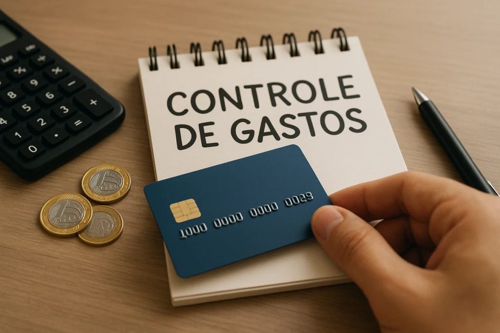 Fotografia de uma mão segurando um cartão de crédito azul em frente a um bloco de anotações com a frase ‘Controle de Gastos’. Sobre a mesa, três moedas empilhadas, uma calculadora e uma caneta reforçam o tema de organização financeira. A composição transmite a ideia de monitorar compras no cartão e manter o equilíbrio do orçamento.