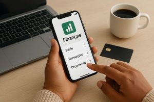 Mão segurando um smartphone mostrando um aplicativo de finanças com saldo de R$ 5.800 na tela. No fundo, há um notebook prateado e uma carteira marrom com notas de dinheiro parcialmente expostas. A imagem transmite a ideia de controle financeiro digital, destacando o uso de aplicativos para acompanhar saldo, fazer pagamentos e monitorar movimentações financeiras no dia a dia.