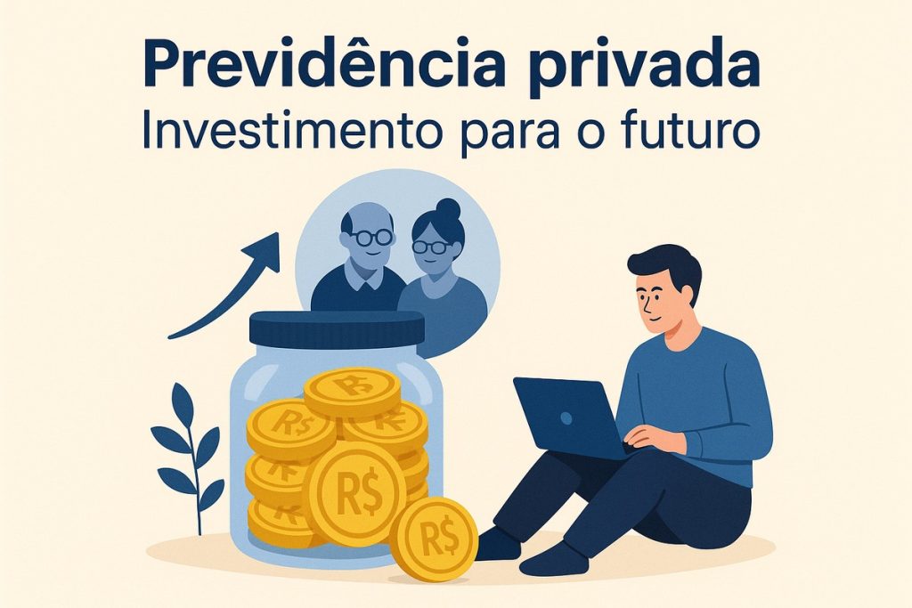 Ilustração em fundo bege claro com o título “Previdência privada — Investimento para o futuro”. À esquerda, há um grande pote transparente cheio de moedas douradas com o símbolo “R$”. Acima do pote, um círculo azul representa um casal idoso sorridente em estilo ilustrado. Uma seta curva aponta para cima, simbolizando crescimento financeiro. À direita, um homem jovem ilustrado, de pele clara e cabelos pretos, está sentado no chão usando um notebook. A imagem é totalmente ilustrada, sem pessoas reais.