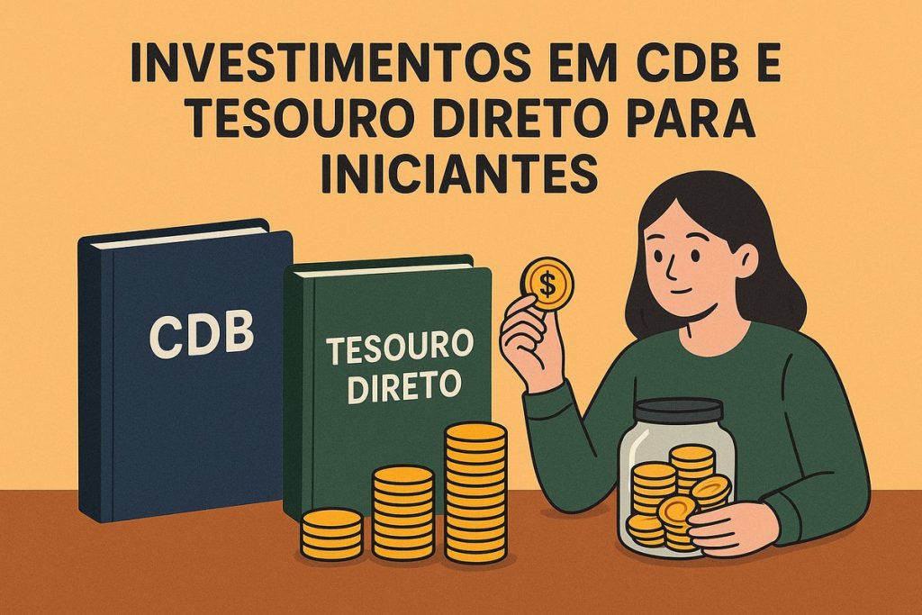 Ilustração em tons de laranja e verde com o título em letras maiúsculas ‘INVESTIMENTOS EM CDB E TESOURO DIRETO PARA INICIANTES’ no topo; à esquerda, dois grandes livros em pé, um azul-escuro com a sigla ‘CDB’ e outro verde com o texto ‘TESOURO DIRETO’; na frente dos livros, várias pilhas de moedas douradas; à direita, uma personagem feminina desenhada em estilo simples, de cabelos pretos e blusa verde, segurando uma moeda dourada com símbolo de cifrão em uma mão e apoiando a outra mão em um pote de vidro cheio de moedas, sobre uma mesa marrom.