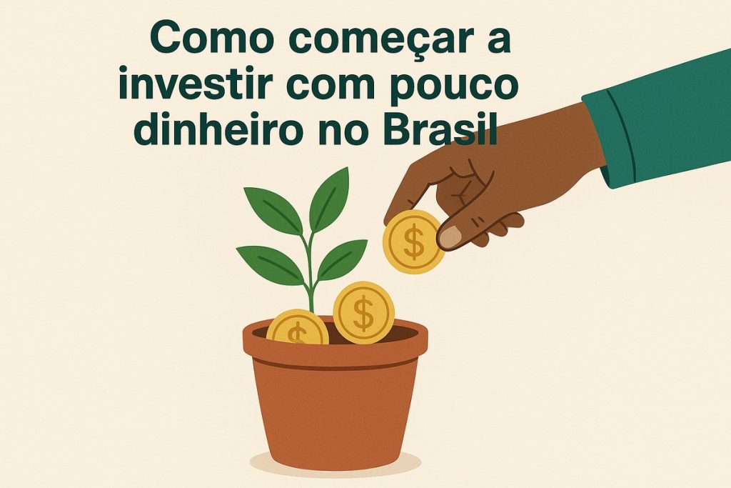 Ilustração em tons suaves mostrando um vaso de barro com uma pequena planta de três folhas verdes crescendo, enquanto uma mão marrom, vinda da direita da imagem, deposita uma moeda dourada com símbolo de cifrão dentro do vaso; outras moedas douradas estão na boca do vaso, sob o título em verde-escuro ‘Como começar a investir com pouco dinheiro no Brasil’ sobre fundo bege claro.