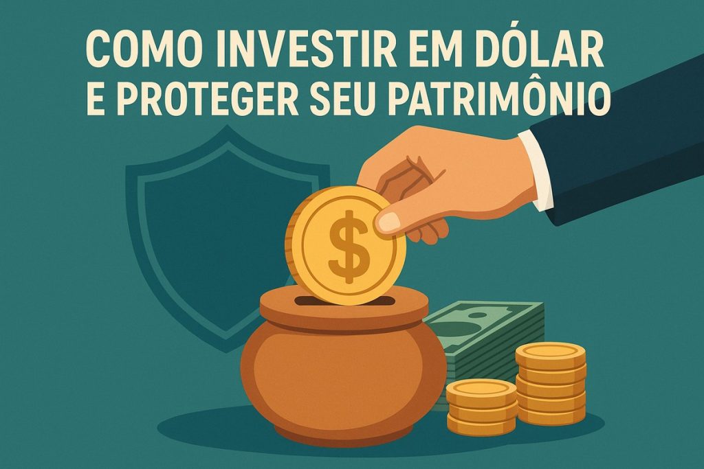 Ilustração em fundo verde-petróleo com o título ‘Como investir em dólar e proteger seu patrimônio’ na parte superior. Abaixo, uma mão humana coloca uma moeda dourada com símbolo de cifrão dentro de um cofre arredondado de cerâmica marrom. Atrás, um grande escudo em tom mais escuro representa proteção financeira. À direita, há uma pilha de notas de dólar e várias pilhas de moedas douradas, sugerindo investimento seguro em moeda estrangeira.