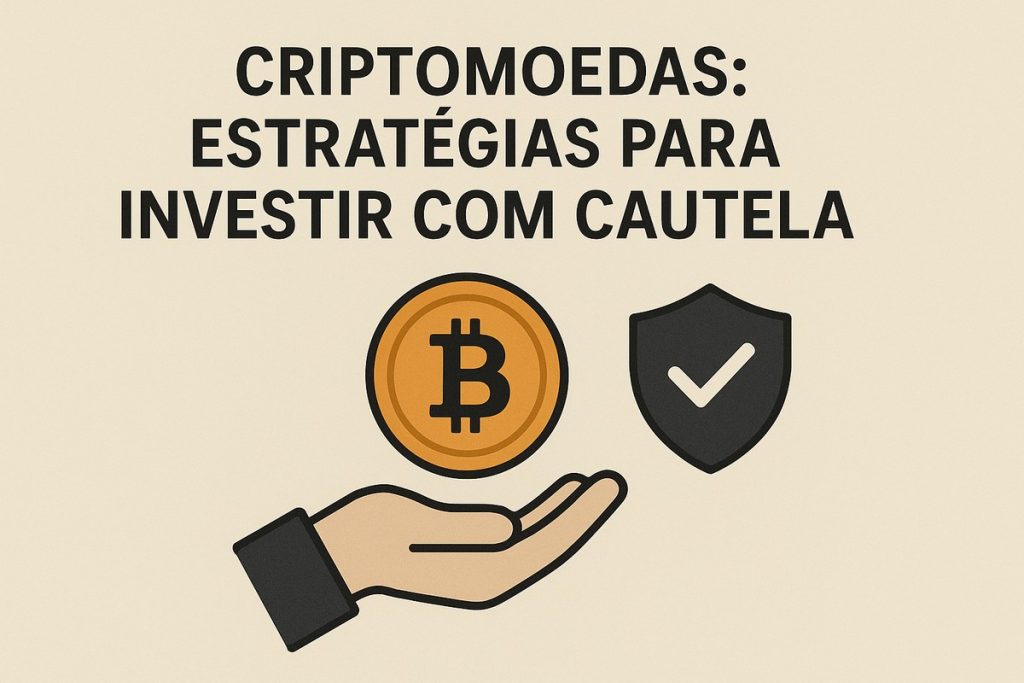 Ilustração em fundo bege com o título em letras maiúsculas escuras ‘CRIPTOMOEDAS: ESTRATÉGIAS PARA INVESTIR COM CAUTELA’ na parte superior. Abaixo, à esquerda, aparece uma mão estendida com palmas para cima, simbolizando alguém segurando investimentos. Sobre a mão, vê-se uma grande moeda dourada com o símbolo do Bitcoin em laranja escuro. À direita da moeda, há um escudo preto com um check branco no centro, representando segurança e atenção ao risco ao investir em criptomoedas.