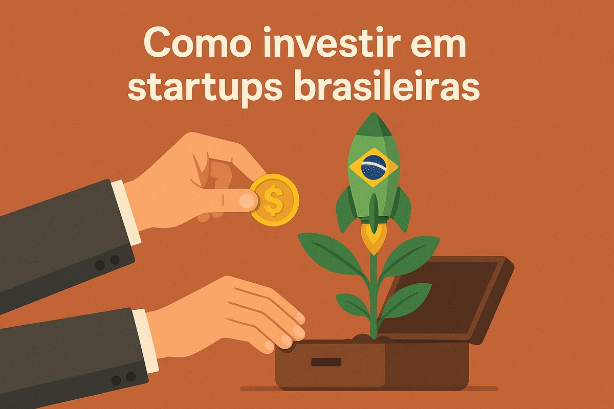 Ilustração em estilo flat em fundo laranja mostrando duas mãos colocando uma moeda com símbolo de cifrão na base de uma planta. No topo da planta há um pequeno foguete verde decorado com a bandeira do Brasil, sugerindo o lançamento de uma startup. O texto “Como investir em startups brasileiras” aparece em branco na parte superior. A imagem é totalmente desenhada e não apresenta pessoas reais.