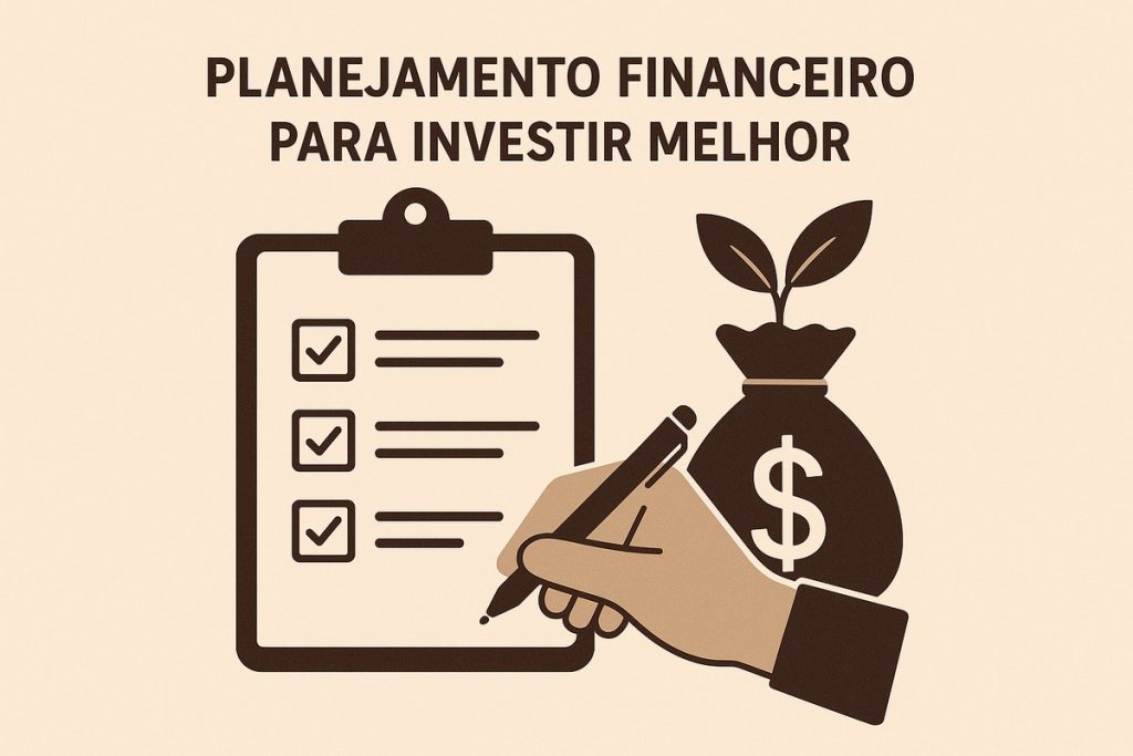 Ilustração sobre planejamento financeiro para investir melhor. À esquerda, um clipboard com checklist marcado. À direita, uma mão segurando uma caneta enquanto escreve no papel, ao lado de um saco de dinheiro estilizado com símbolo de cifrão e uma pequena planta crescendo, simbolizando investimento e crescimento financeiro.