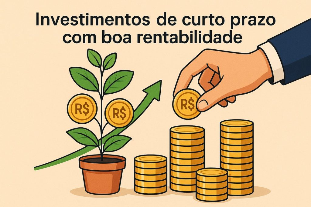 Ilustração de uma planta crescendo em um vaso, com moedas douradas representando frutos e um gráfico de seta verde apontando para cima simbolizando rentabilidade. À direita, uma mão humana coloca uma moeda de real sobre várias pilhas organizadas de moedas, sugerindo crescimento financeiro. No topo, o texto ‘Investimentos de curto prazo com boa rentabilidade’ aparece em letras grandes. A cena é totalmente ilustrada, sem pessoas reais.