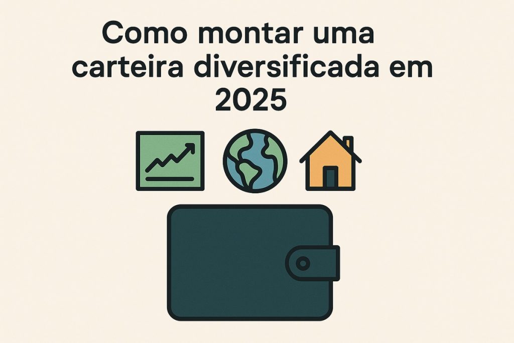 Ilustração com fundo claro mostrando uma grande carteira verde-escura ao centro. Acima dela, três ícones representam diferentes classes de ativos: um gráfico com linha ascendente, um globo terrestre indicando investimentos internacionais e uma casa representando imóveis. No topo, o texto ‘Como montar uma carteira diversificada em 2025’ aparece em tipografia grande e escura. A imagem é inteiramente ilustrada, sem pessoas reais.