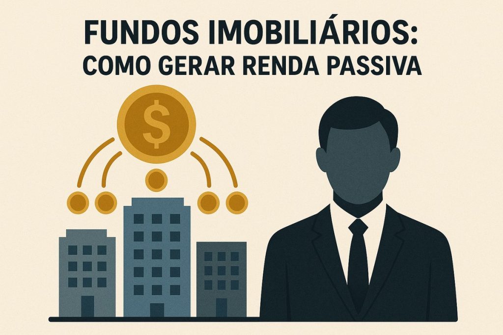 Ilustração com fundo bege e o título em letras maiúsculas ‘FUNDOS IMOBILIÁRIOS: COMO GERAR RENDA PASSIVA’ no topo; na parte esquerda, três prédios em tons de azul-acinzentado representando imóveis comerciais, alinhados sobre uma base escura; acima dos prédios, uma grande moeda dourada com símbolo de cifrão, de onde saem arcos e pequenas moedas menores, sugerindo a distribuição de rendimentos; à direita, a silhueta de um investidor desenhado em estilo minimalista, de terno escuro e gravata, com rosto sem traços detalhados, simbolizando qualquer pessoa que investe em fundos imobiliários.