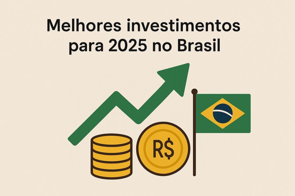 Ilustração em fundo bege claro com o texto ‘Melhores investimentos para 2025 no Brasil’ centralizado na parte superior em letras escuras. Abaixo, uma seta verde ascendente simbolizando crescimento financeiro, ao lado de uma pilha de moedas douradas e uma moeda com símbolo ‘R$’. À direita, há uma bandeira do Brasil em um pequeno mastro, reforçando o tema de investimentos no país.