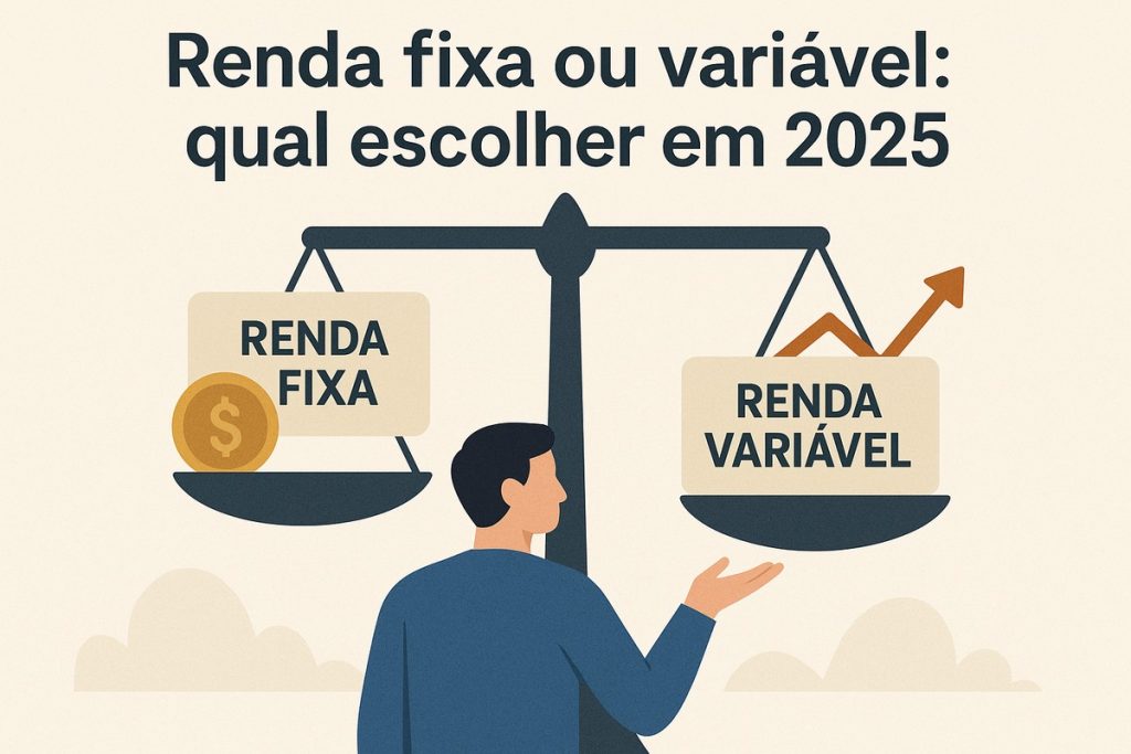 Ilustração com fundo bege claro e o texto ‘Renda fixa ou variável: qual escolher em 2025’ centralizado na parte superior. Abaixo, uma grande balança de pratos simbolizando comparação entre investimentos. À esquerda, o prato com o texto ‘RENDA FIXA’ acompanhado de uma moeda dourada com símbolo de cifrão. À direita, o prato com o texto ‘RENDA VARIÁVEL’, no qual há um gráfico de linha laranja subindo. No centro, um homem de costas observa a balança, com um dos braços levantado, como se analisasse qual opção escolher. Nuvens estilizadas estão ao fundo, reforçando o clima de reflexão financeira.