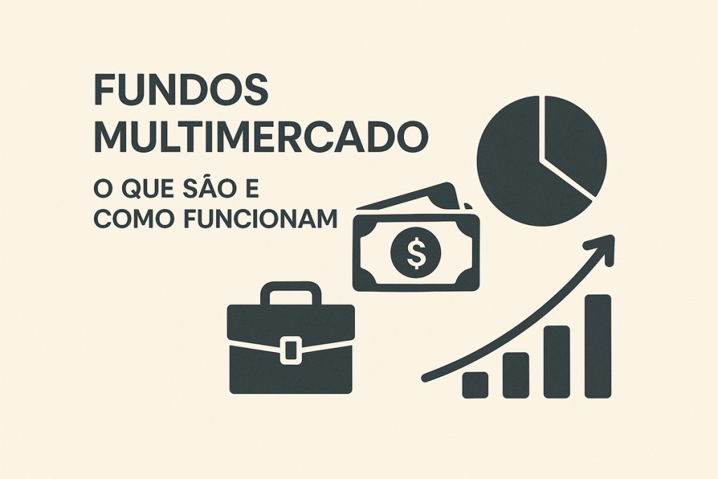 Ilustração em fundo bege claro com o título ‘Fundos multimercado — O que são e como funcionam’ escrito em letras escuras no lado esquerdo. À direita, aparecem ícones minimalistas em tom grafite: um gráfico de pizza com um dos segmentos destacado, uma pilha de dinheiro com nota à vista, uma pasta executiva e um gráfico de barras ascendente com seta apontando para cima. A composição representa diversificação e crescimento característicos dos fundos multimercado.