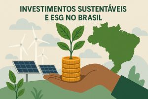 Ilustração em tons suaves apresentando o título “Investimentos Sustentáveis e ESG no Brasil” no topo. No centro, uma mão em tom terroso segura uma pilha de moedas douradas, da qual surge uma planta verde. À esquerda, painéis solares e turbinas eólicas reforçam o tema energético sustentável. À direita, há um mapa do Brasil em verde escuro. Elementos de vegetação aparecem na parte inferior. A imagem é integralmente ilustrada, sem pessoas reais.