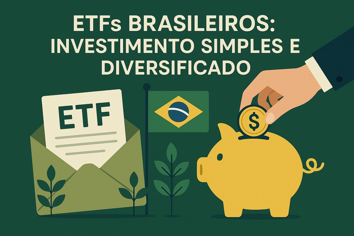 Ilustração em fundo verde-escuro com o texto “ETFs BRASILEIROS: Investimento simples e diversificado” na parte superior. À esquerda, um envelope verde contém um documento com a palavra “ETF”. Ao centro, há uma pequena bandeira do Brasil e plantas crescendo ao redor. À direita, uma mão humana estilizada — sem representação de pessoa real — deposita uma moeda com símbolo de cifrão em um cofrinho amarelo em formato de porco. Toda a cena é ilustrada digitalmente e não apresenta pessoas reais.